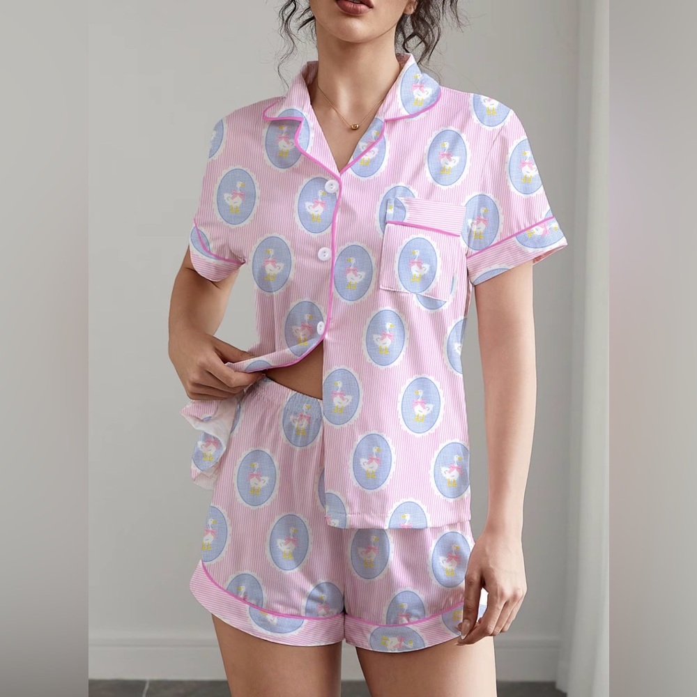 Pink Short Sleeve Swan Bowknot Oval Vintage Print Lounge Pajama Set New - Picture 2 of 13